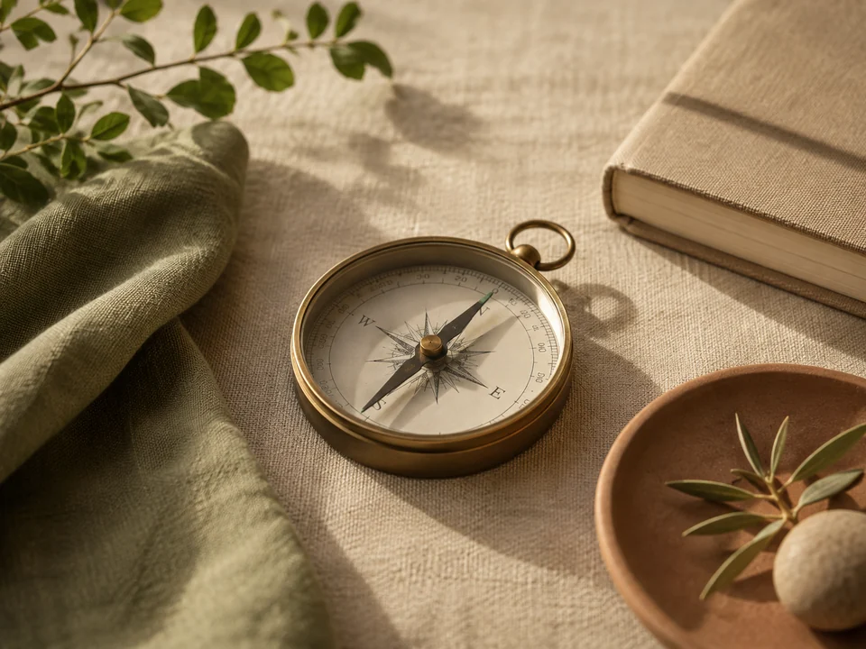 Kompas, notitieboek en natuurlijke materialen als beeld voor een eerste verkenning